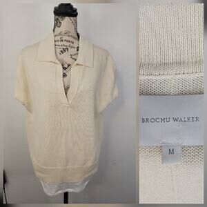 Brochu Walker SZ M Cotton Linen Jaia Polo Layered looker sweater Top Cream White